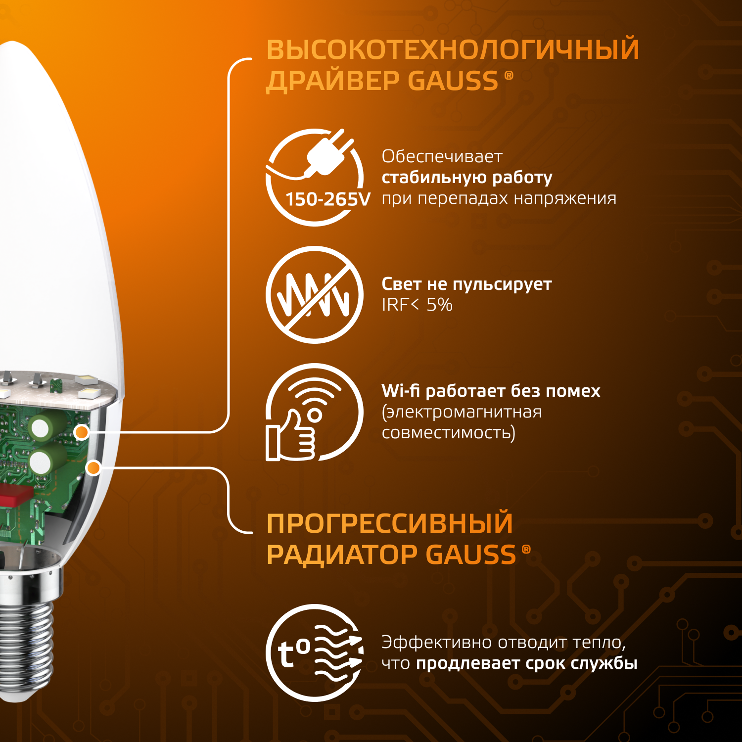 Лампа светодиодная LED 6.5 Вт 520 лм 3000К свеча теплый E14 AC 220В Black GAUSS 103101107