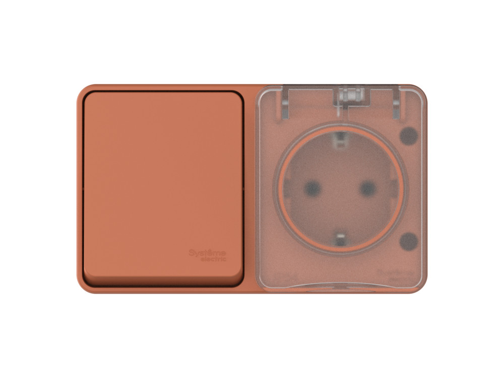 AtlasDesign PROFI IP54 О/У БЛОК: РОЗ. з/к со шт. 16А, ВЫКЛ.1-клав.10А, ТЕРРАКОТОВЫЙ Systeme Electric ATN547070