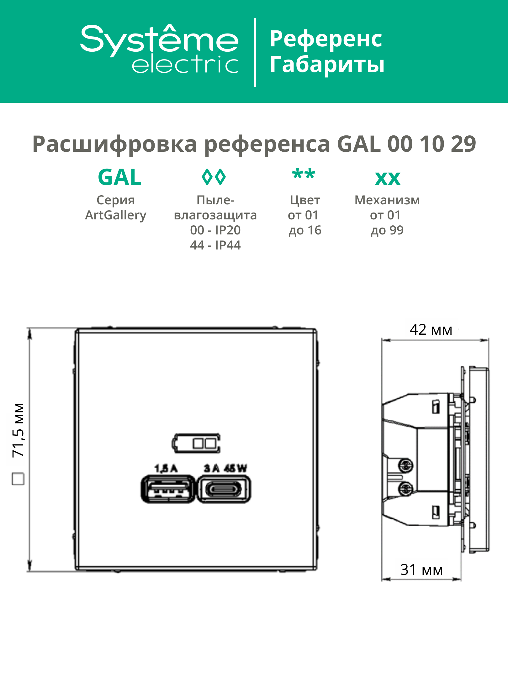 ARTGALLERY USB розетка A + тип-C 45Вт высокоскор.заряд. QC, PD, механизм, карбон Systeme Electric GAL001029