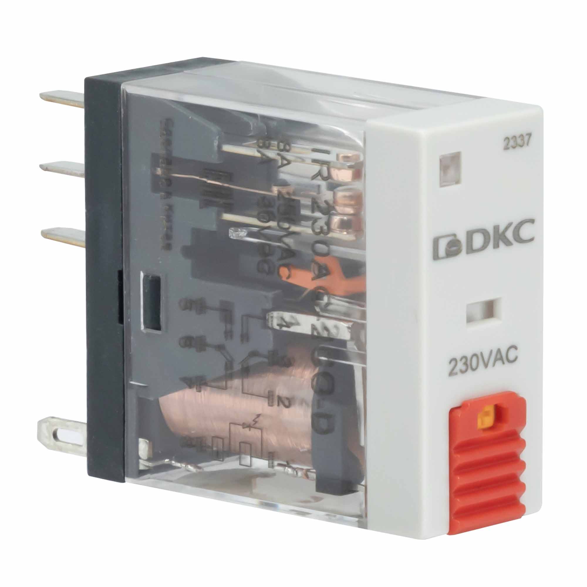 Реле миниатюрное промышленное, 2CO, ком. ток 8А, AgSnO2, напряжение 230V AC, опция: тест-кнопка+светодиод DKC IR-230AC-2CO-D