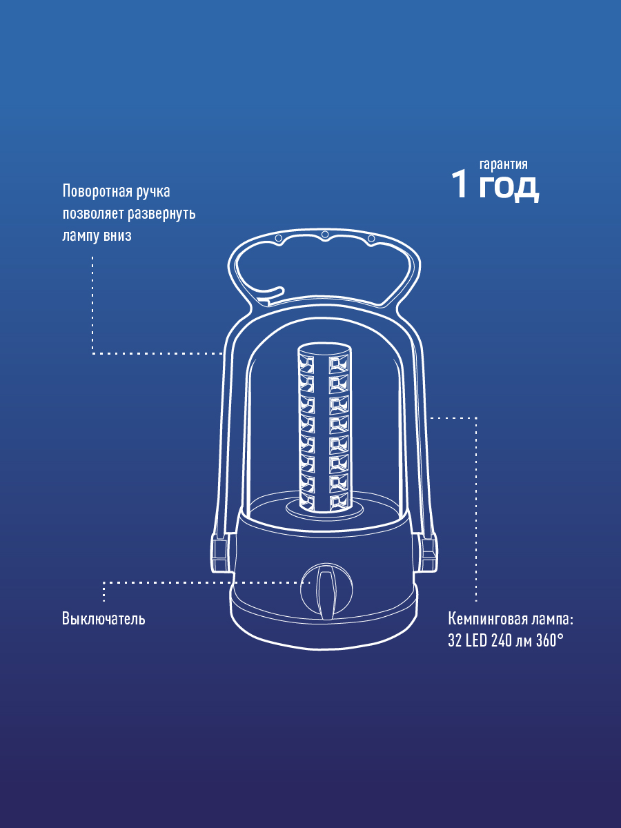 Фонарь кемпинговый аккумуляторный, 32 SMD LED, аккум. 2x 4V 0,9Ah, 240 Лм, 8 часов Космос KOCAc6010LED