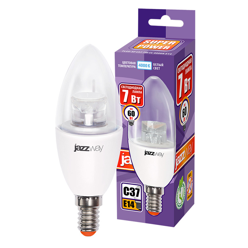 Лампа светодиодная LED 7Вт E14 белый прозрачная свеча JazzWay 2853127 2853127*