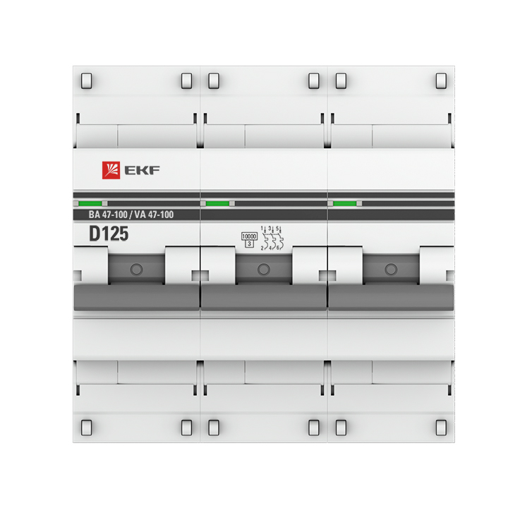 Выключатель автоматический трехполюсный 125А D ВА47-100 10кА PROxima EKF mcb47100-3-125D-pro