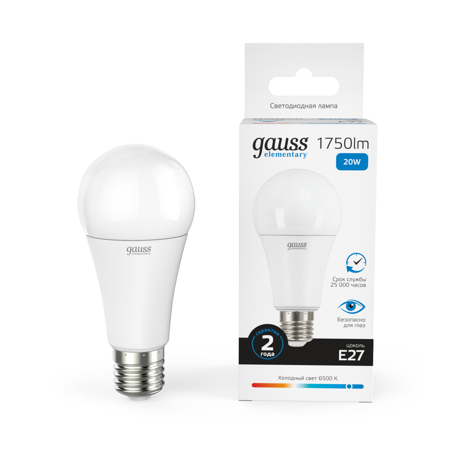 Лампа светодиодная LED 20 Вт 1750 лм 6500К AC180-240В E27 А60 (груша) холодная Elementary GAUSS 23239
