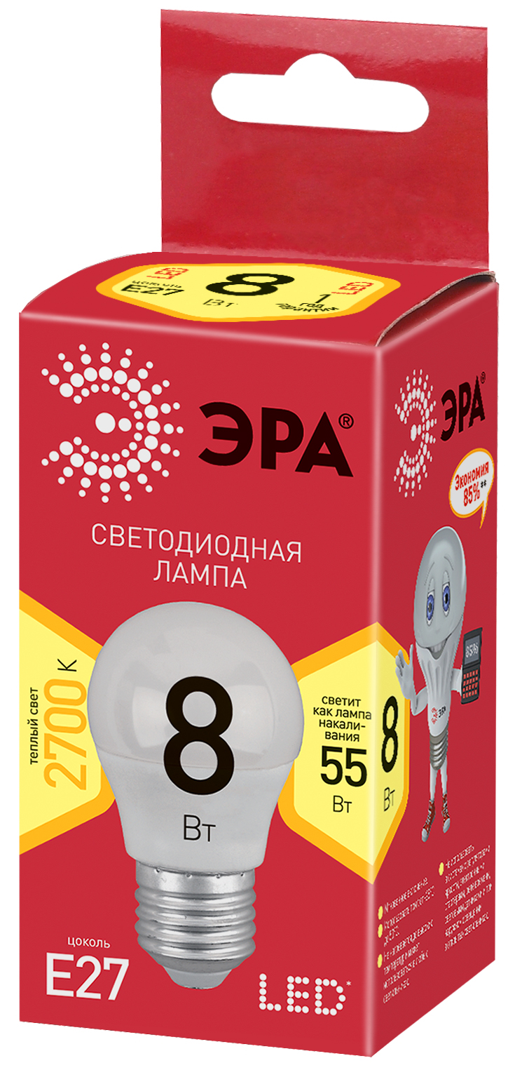 Лампа светодиодная LED 8 Вт 640Лм 2700К шар теплый E27 220-240В ECO LED P45-8W-827-E27 Red Line ЭРА Б0030024