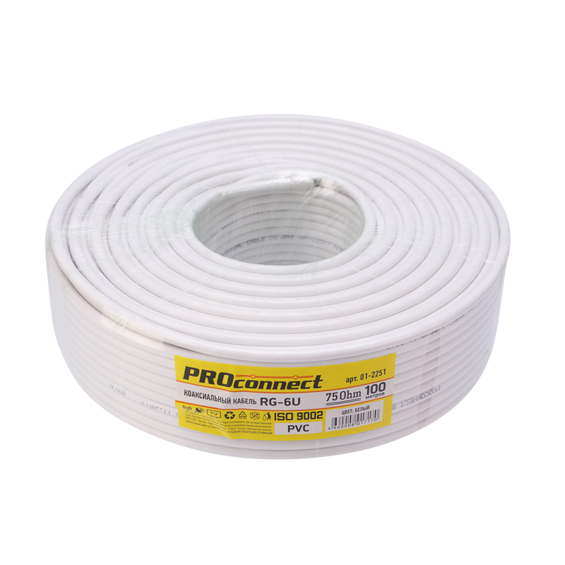 Кабель коаксиальный PROconnect LIGHT RG-6U, 75 Ом, CCS/Al/Al, бухта 100 м, бел REXANT 01-2251