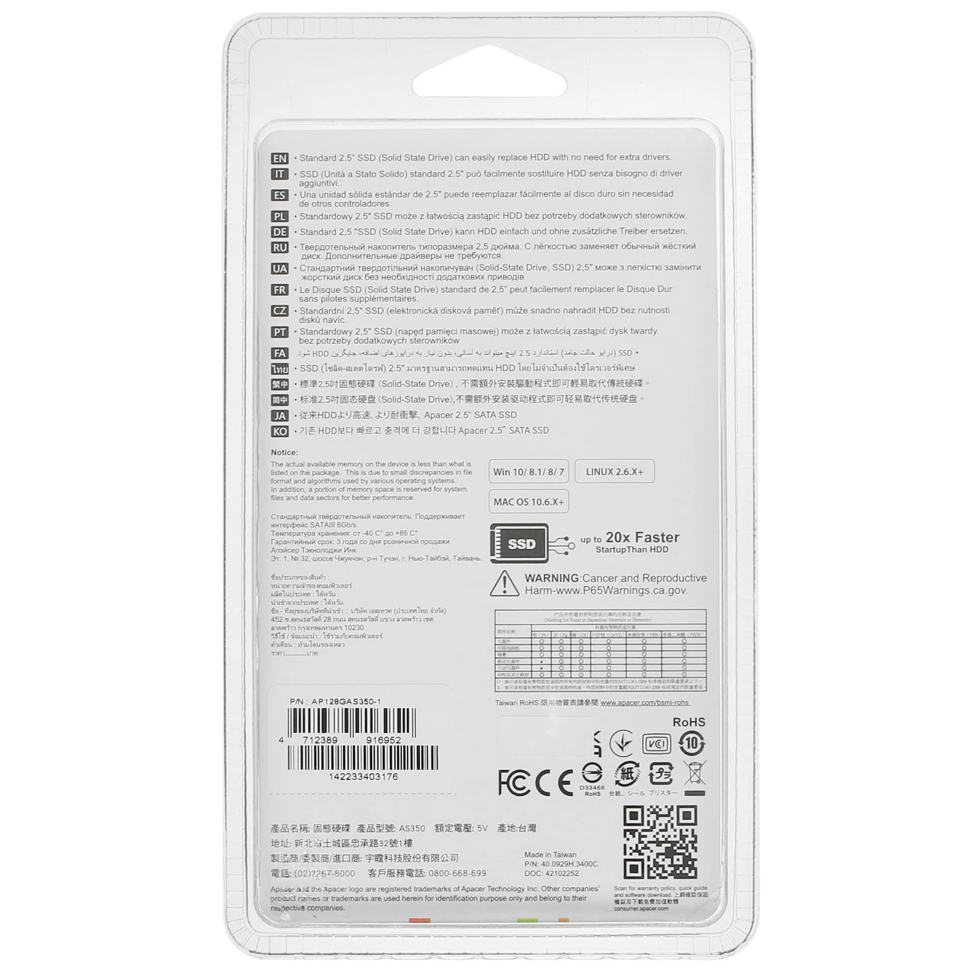 Накопитель SSD 2.5'' 128 ГБ AS350 PANTHER, SATAIII, 3D NAND TLC, 560/540 Мб/с Apacer AP128GAS350-1 75732
