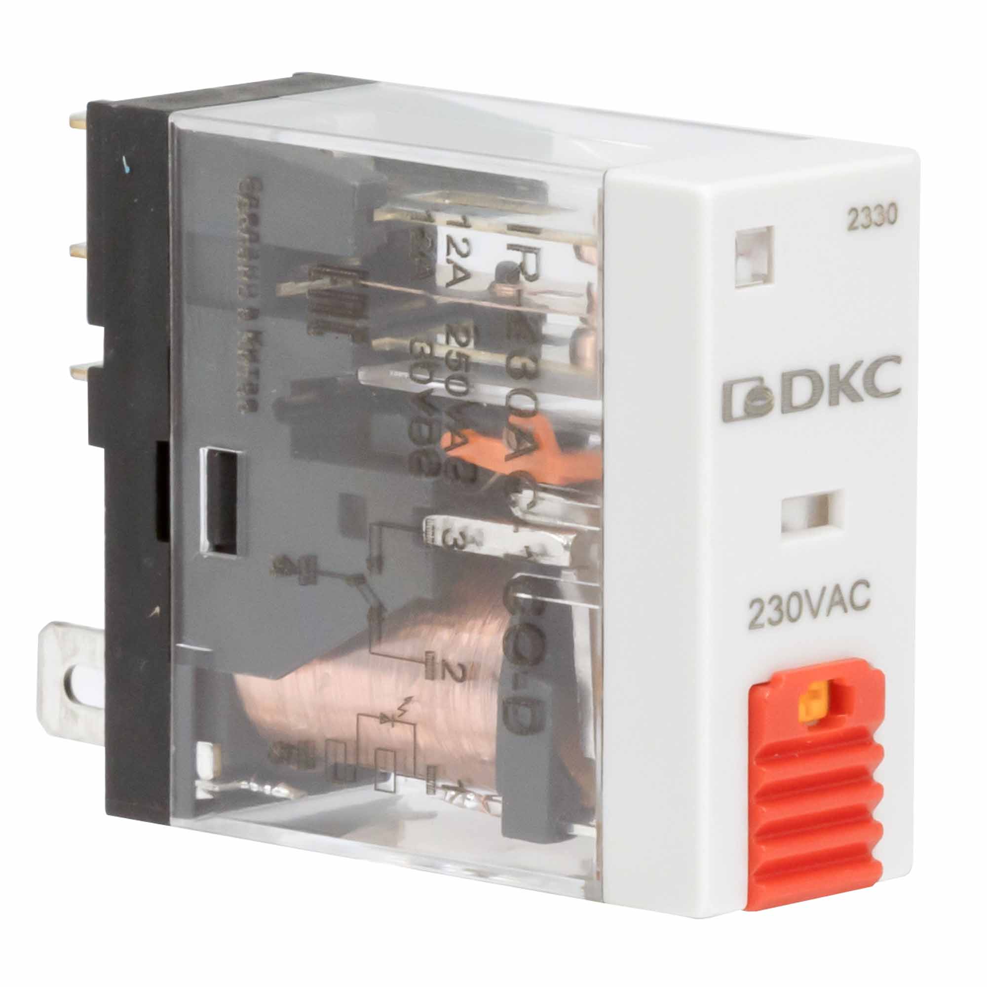 Реле миниатюрное промышленное, 1CO, ком. ток 12А, AgSnO2, напряжение 230V AC, опция: тест-кнопка+светодиод DKC IR-230AC-1CO-D