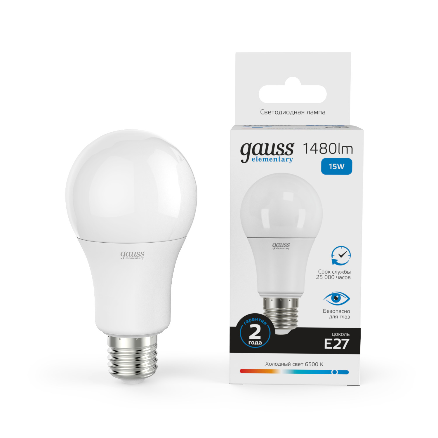 Лампа светодиодная LED 15 Вт 1480 лм 6500К AC180-240В E27 А60 (груша) холодная  Elementary Gauss GAUSS 23235