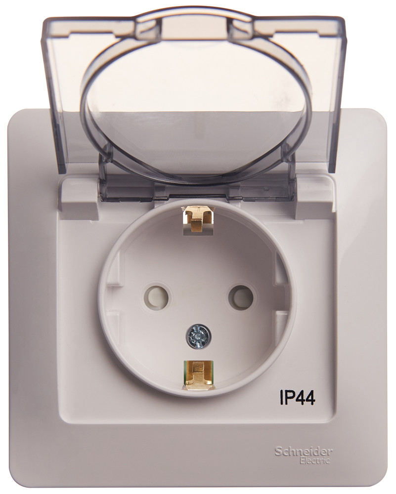 GLOSSA Розетка с заземлением со шторками с крышкой белая в сборе IP44 Systeme Electric GSL000148