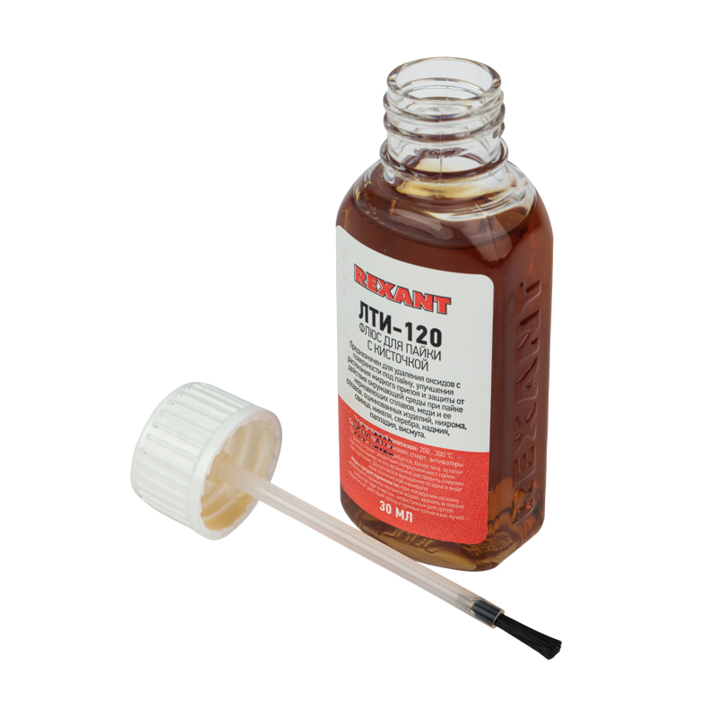Флюс для пайки, ЛТИ-120, 30 мл, с кисточкой, флакон, REXANT 09-3626