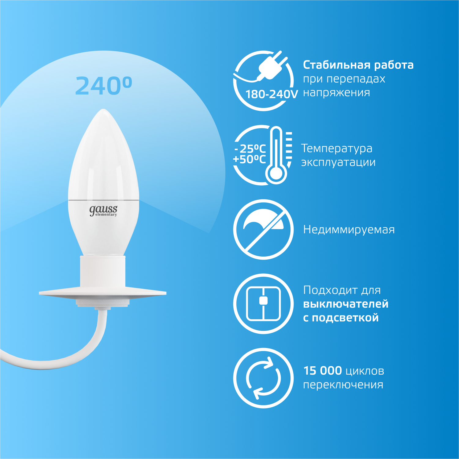 Лампа светодиодная LED 10 Вт 750 лм 6500К свеча холодный E14 AC 220В Elementary GAUSS 33130