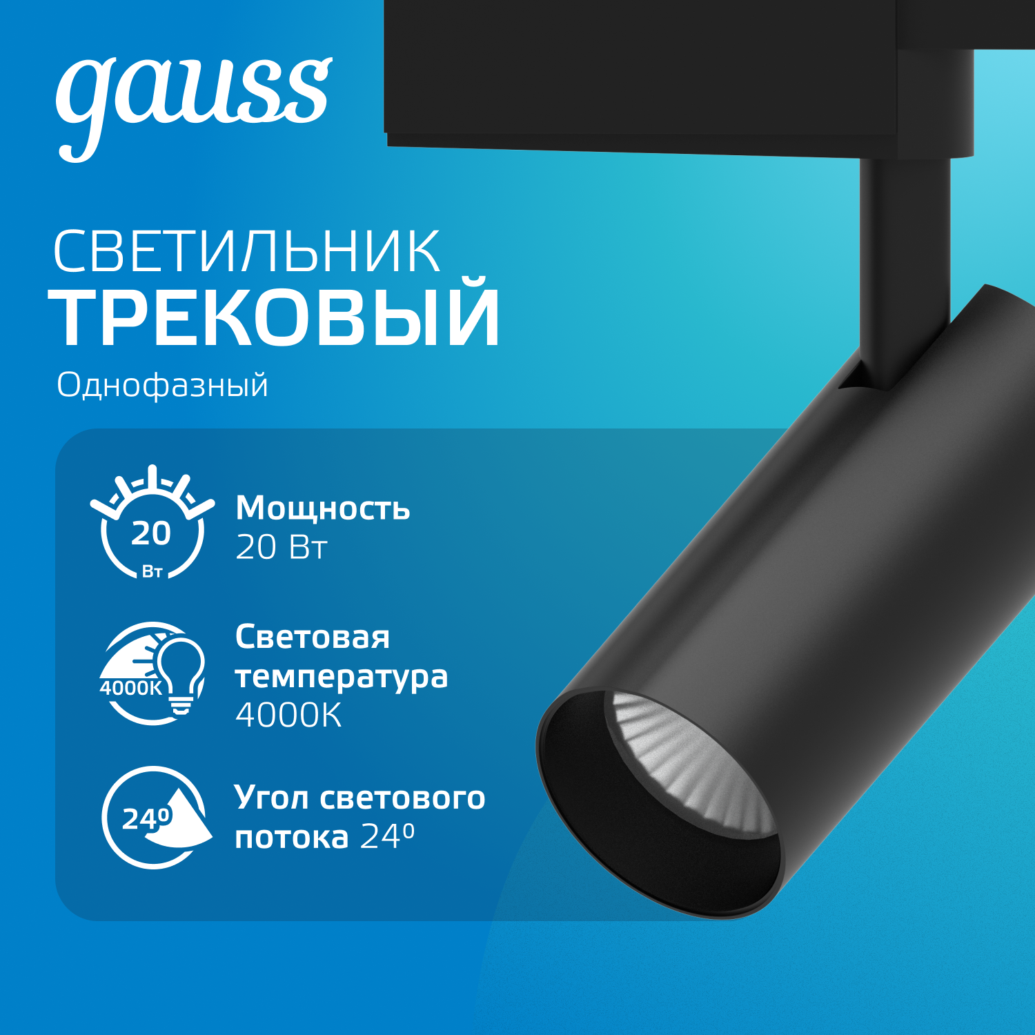 Светильник светодиодный трековый однофазный LED ДПО 20 Вт 1650 Лм 4000К IP20 d65х210 мм Track GAUSS TR069
