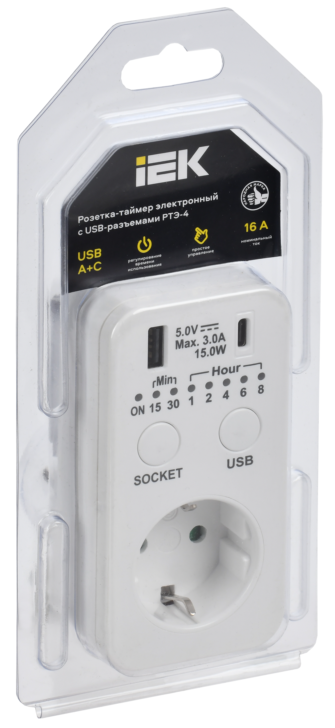 РТЭ-4 Розетка-таймер электронный с USB A+C        15мин-8ч 16А IP20 белый IEK ERT12-1-16-O-15-2-20-K01