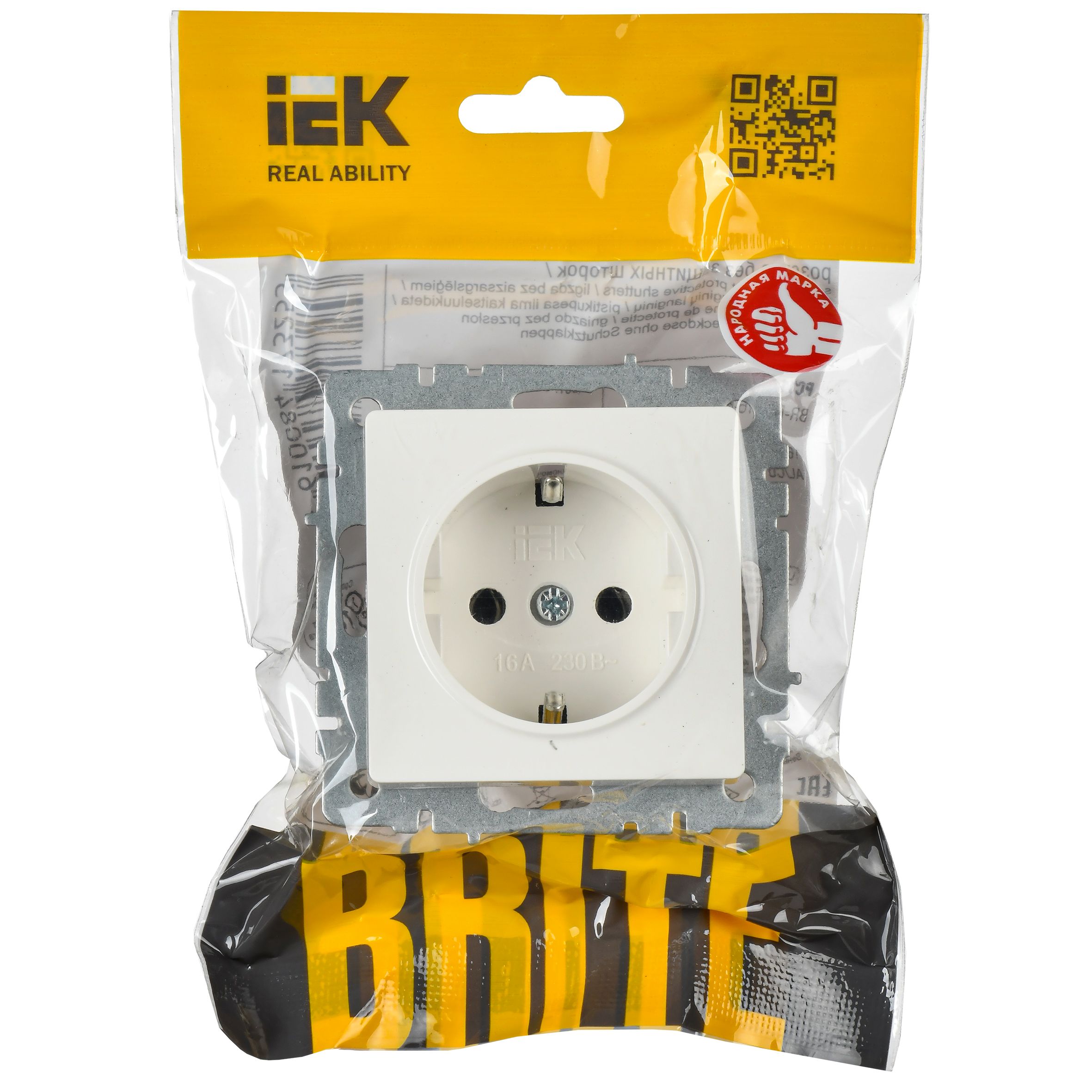 BRITE Розетка с заземлением с защитными шторками 16А РС14-1-0-БрБ белый IEK BR-R14-16-K01
