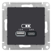 РОЗЕТКА USB ATLASDESIGN A+С, 5В/2,4А, 2х5В/1,2 А, механизм, КАРБОН Systeme Electric ATN001039