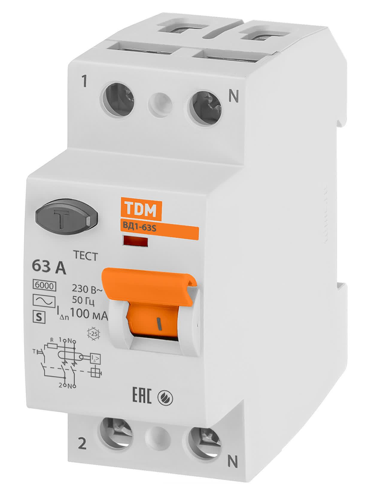 Устройство защитного отключения ВД1-63S двухполюсное 63А 100мА TDM ELECTRIC SQ0203-0060
