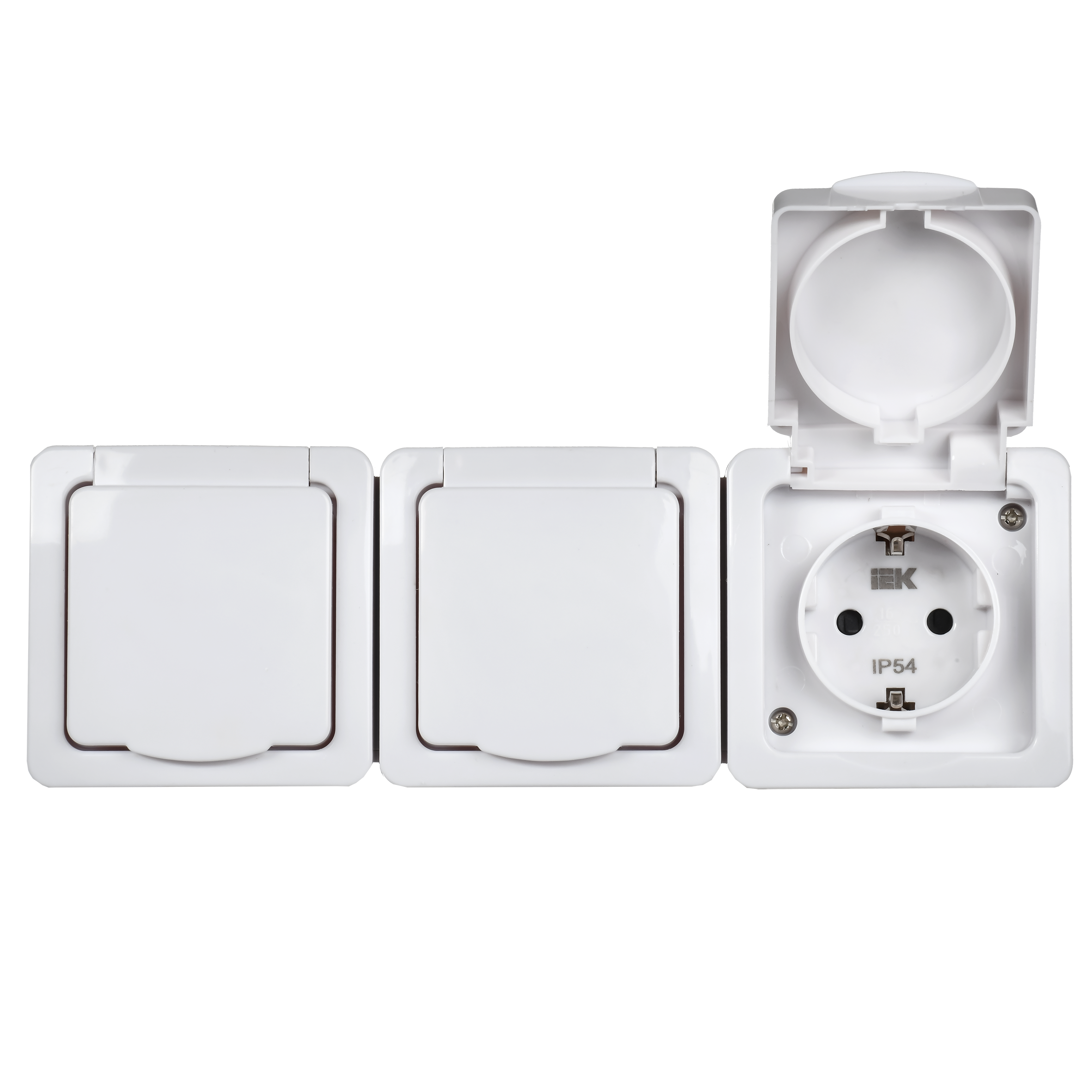 Гермес PLUS Розетка тройная с заземлением наружная белая IP54 IEK ERMP32-K01-16-54-EC