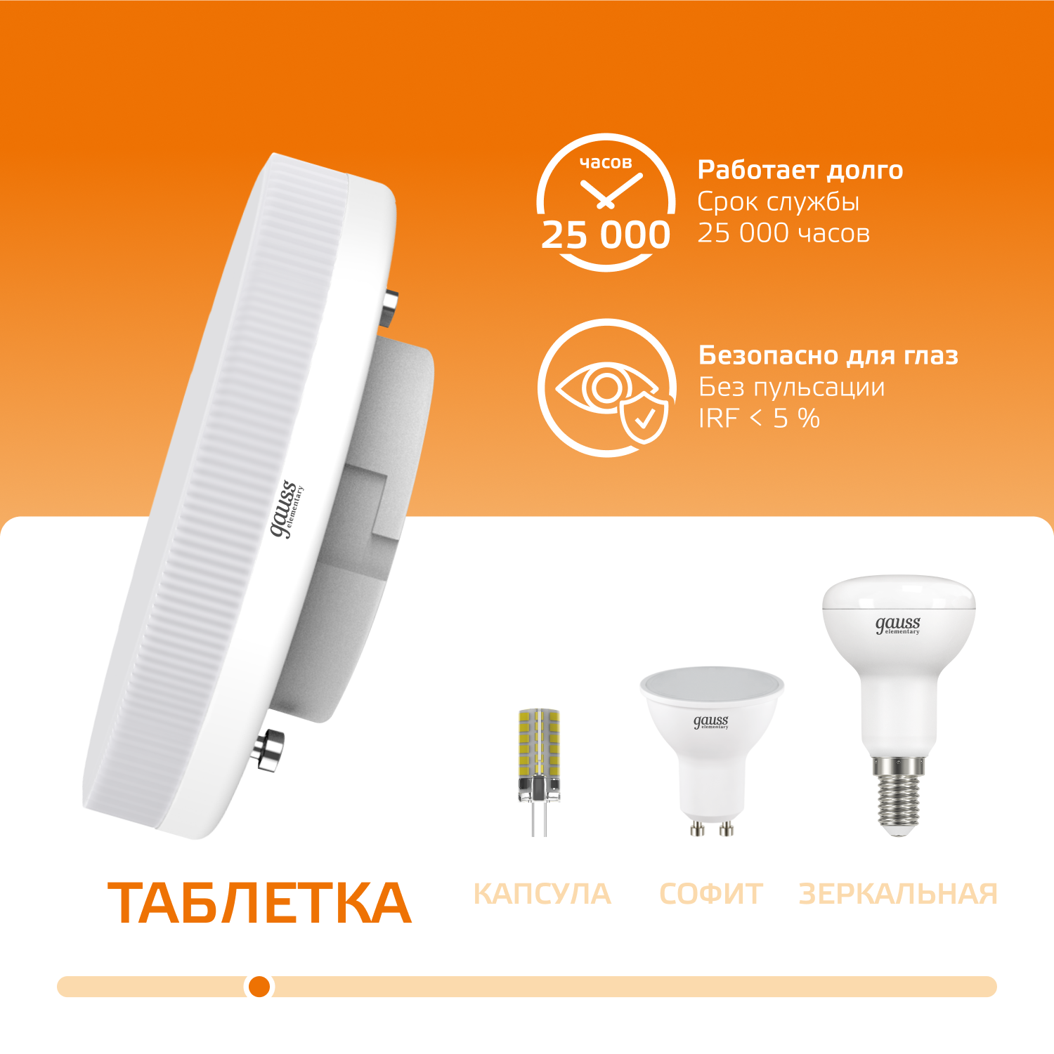 Лампа светодиодная LED 6 Вт 440 лм 3000К таблетка теплый GX53 AC 220В Elementary Gauss GAUSS 83816