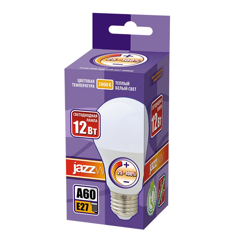 Лампа светодиодная диммируемая LED 12Вт E27 теплый белый матовая груша JazzWay 2855879