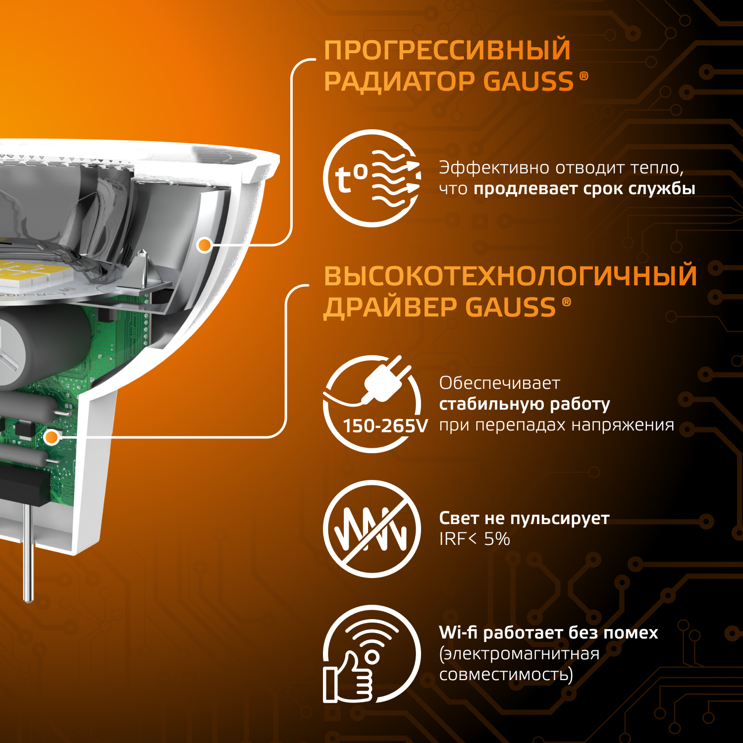Лампа светодиодная LED 9 Вт 830 лм 3000К софит MR16 теплый GU5.3 AC 220В Black GAUSS 101505109