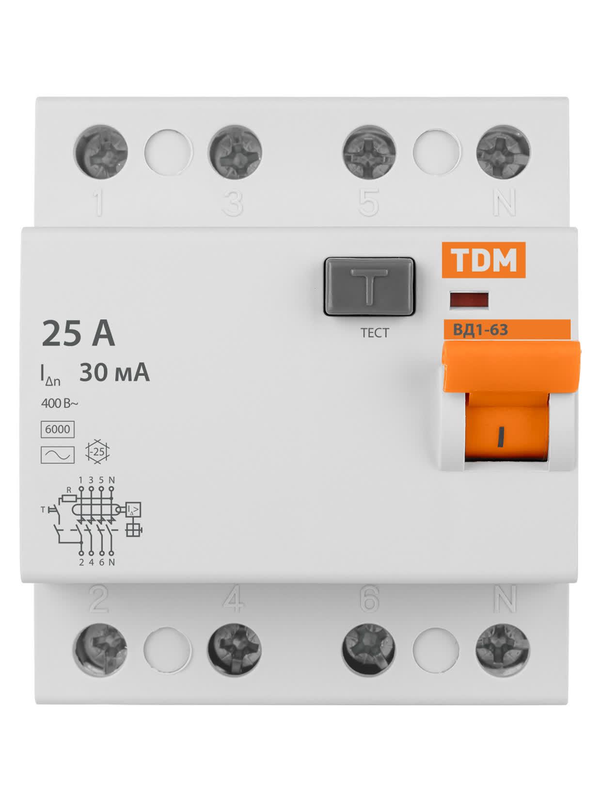 Устройство защитного отключения ВД1-63 четырехполюсное 25А 30мА TDM ELECTRIC SQ0203-0032
