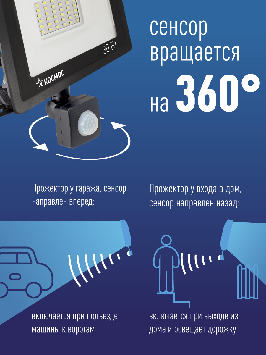Прожектор светодиодный ДО-20Вт с ИК-Датчиком 6500К1600Лм IP65 Космос K_PR5_LED_20S