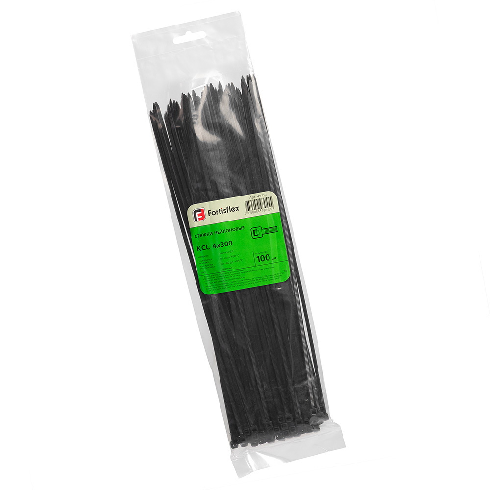 Стяжки нейлоновые КСС 4х300 (ч) (100шт.) (Fortisflex) КВТ 49413