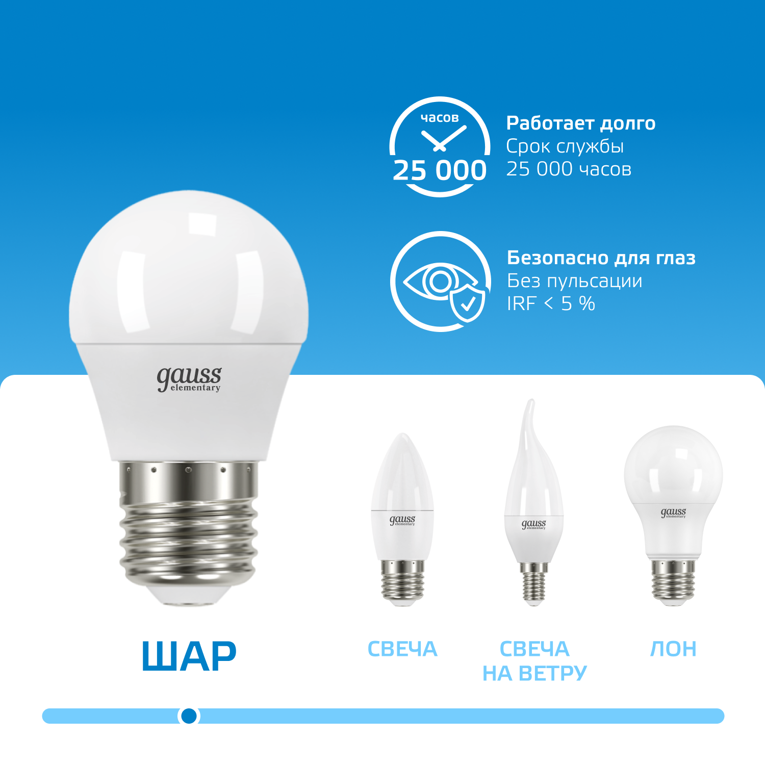 Лампа светодиодная LED 8 Вт 560 лм 6500К AC180-240В E27 шар P45 холодная  Elementary Gauss GAUSS 53238