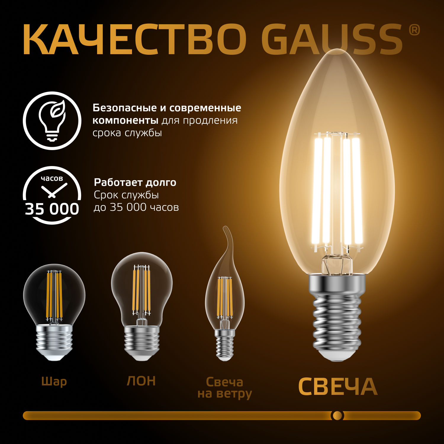 Лампа светодиодная филаментная LED 5 Вт 420 лм 2700К свеча теплый E14 AC 220В прозрачная колба Black Filament Gauss GAUSS 103801105