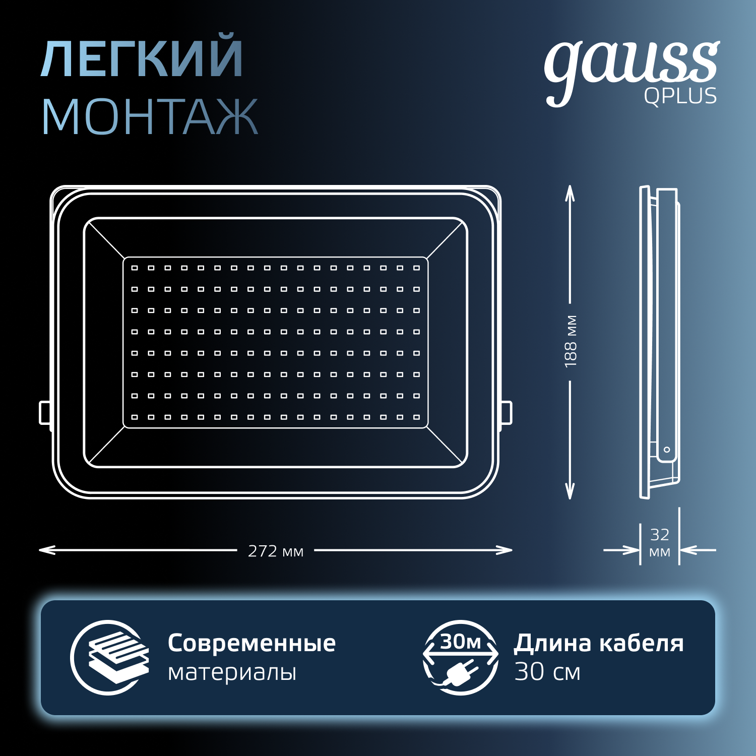 Прожектор светодиодный ДО 100 Вт 6500К 10500 лм 175-265В IP65 210х32х283мм Алюминий матрированное закаленное стекло Qplus Gauss GAUSS 690511100