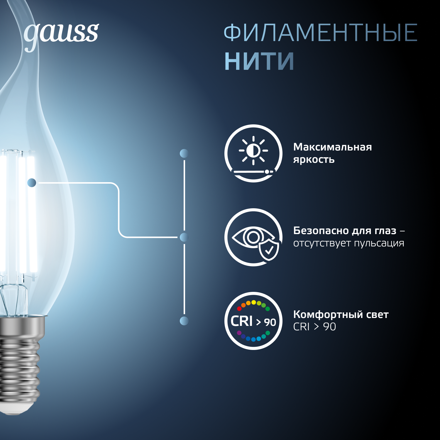 Лампа светодиодная филаментная LED 5 Вт 450 лм 4100К свеча на ветру нейтральный E14 AC 220В прозрачная колба Black Filament GAUSS 104801205