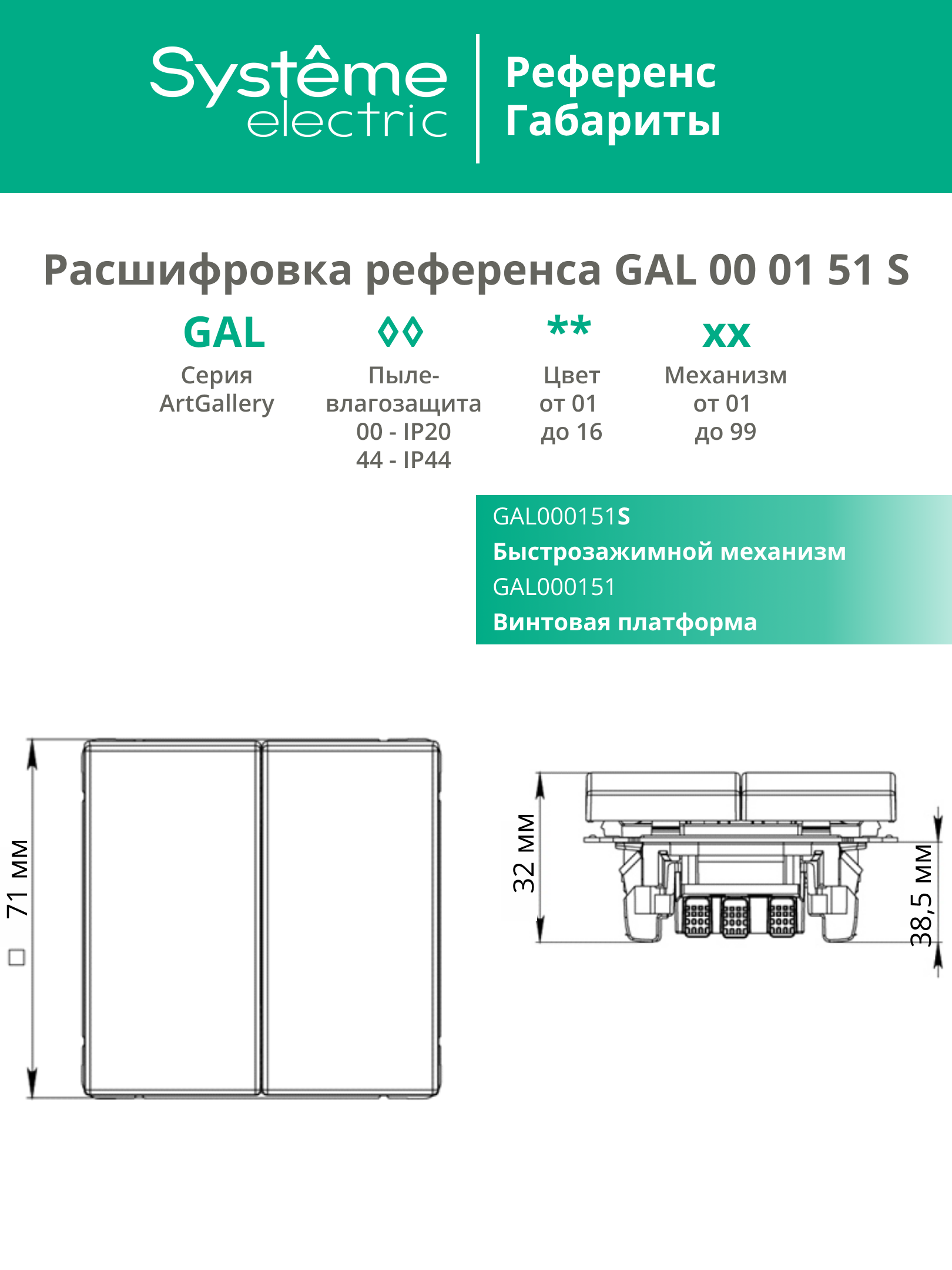 ARTGALLERY 2-клавишный ВЫКЛЮЧАТЕЛЬ, 10АХ, механизм, быстрозажимные клеммы, БЕЛЫЙ Systeme Electric GAL000151S