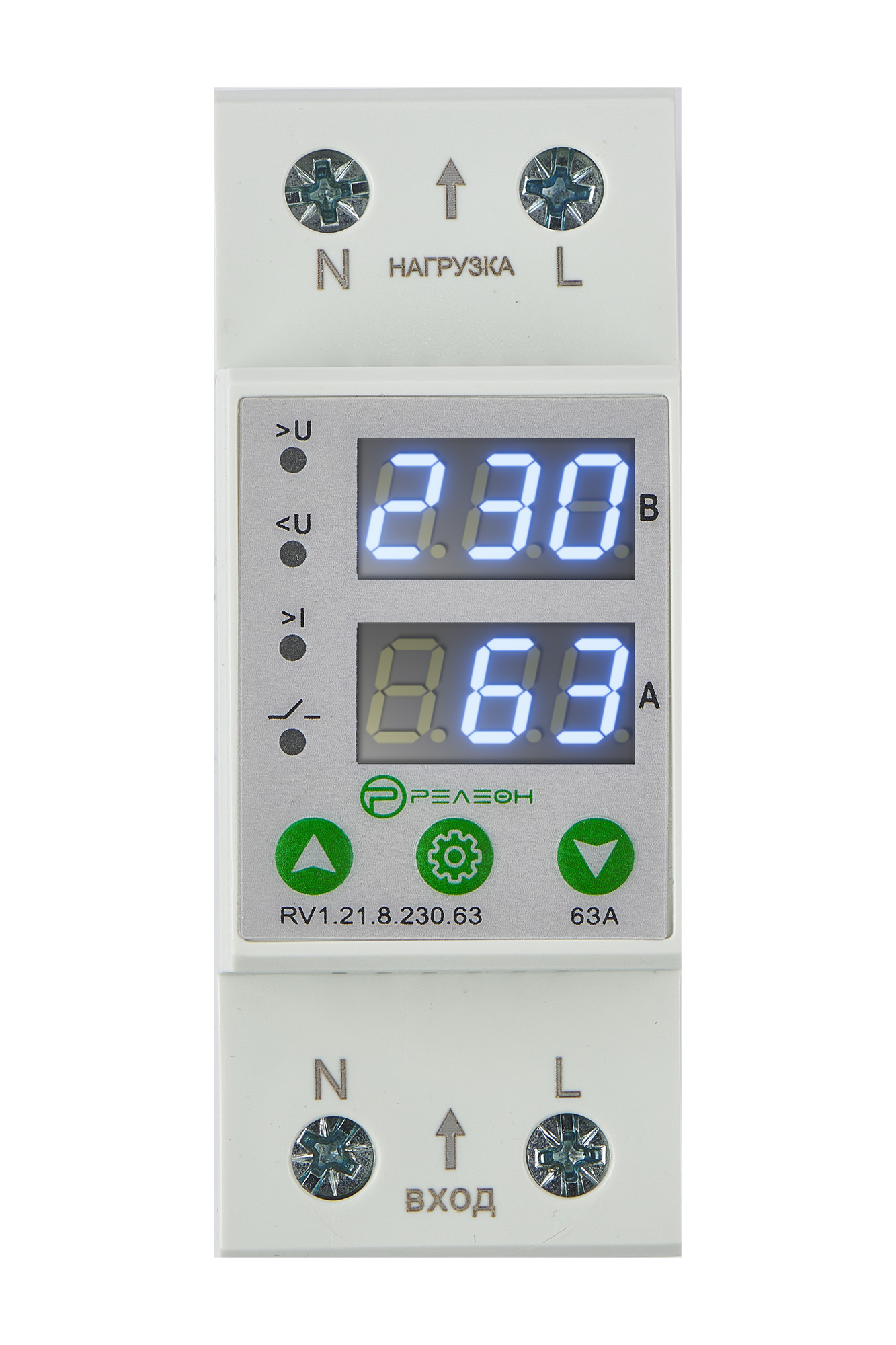 Реле контроля напряжения и тока 1L (230В AC) 63А Релеон RV121823063