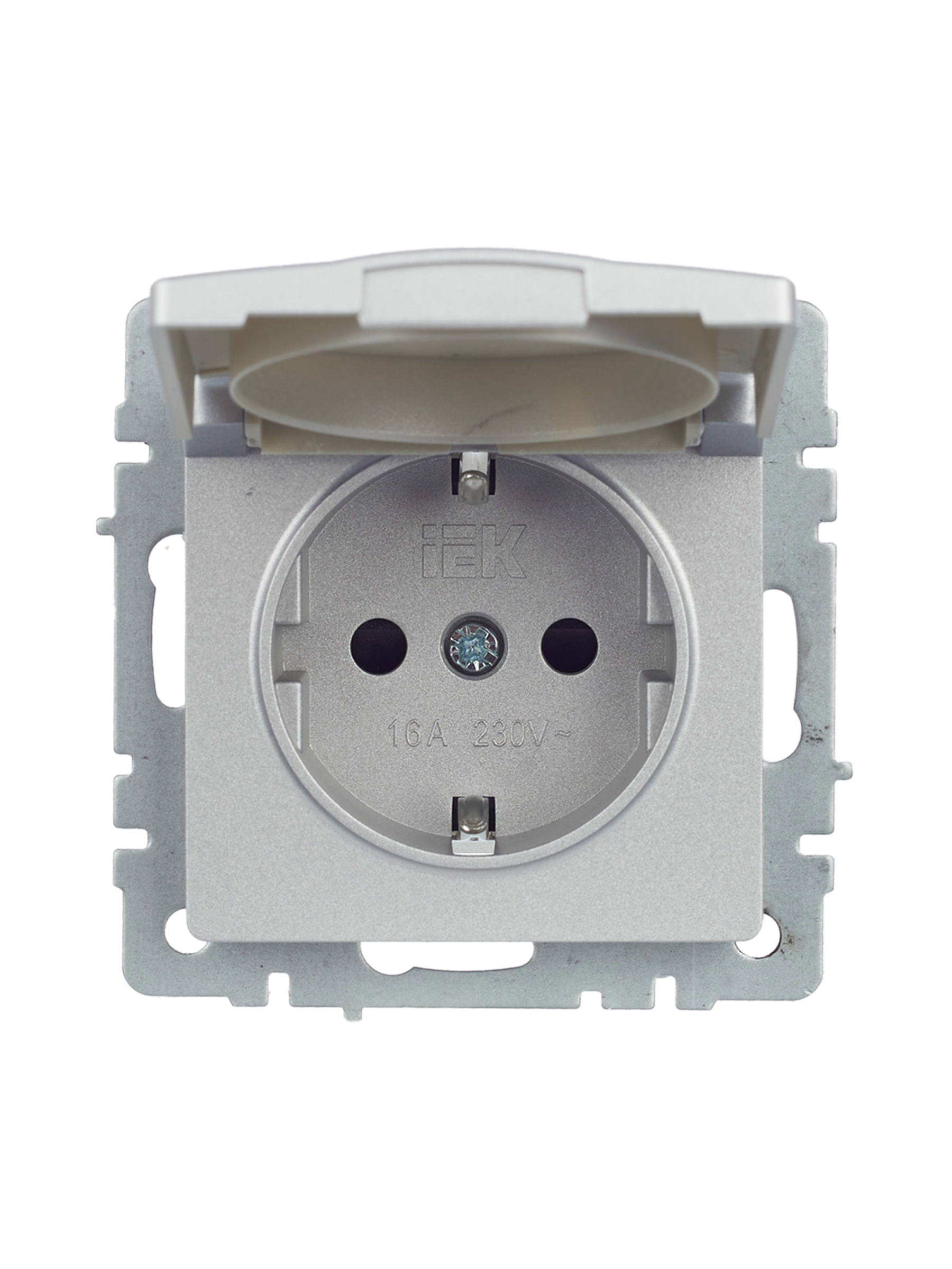 BRITE Розетка с заземлением с защитными шторками и крышкой 16А IP44 РСбш10-3-44-БрА алюминий IEK BR-R16-16-44-K47