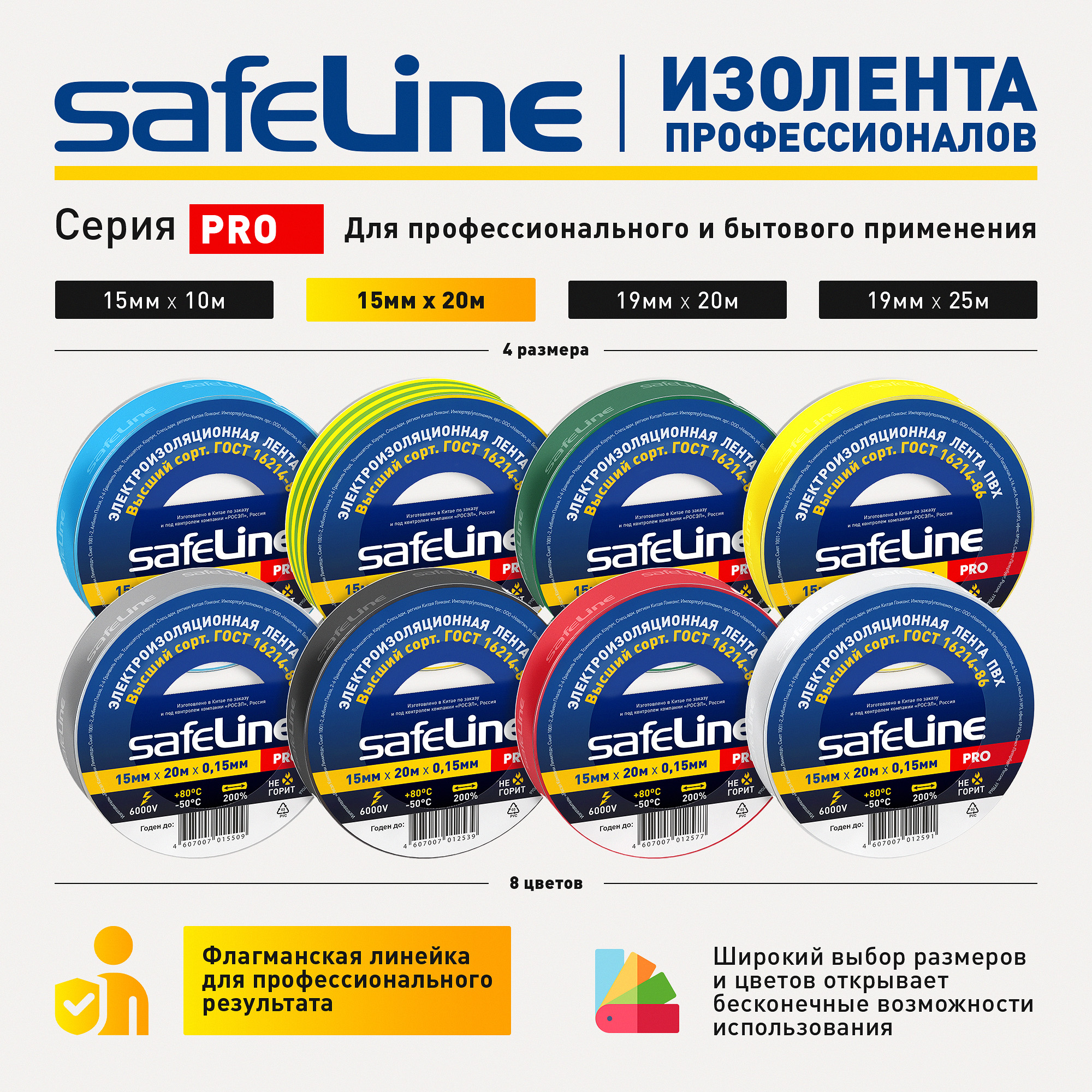 Изолента ПВХ желто-зеленая 15мм 20м Safeline SafeLine 12122