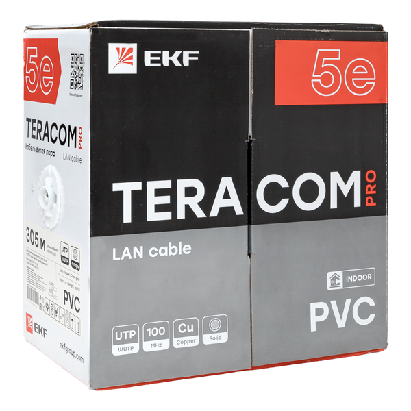 Витая пара TERACOM PRO 5E U/UTP 4 пары solid 24AWG PVC серый 305м EKF TRP-5EUTP-04PVC-GY-IN3