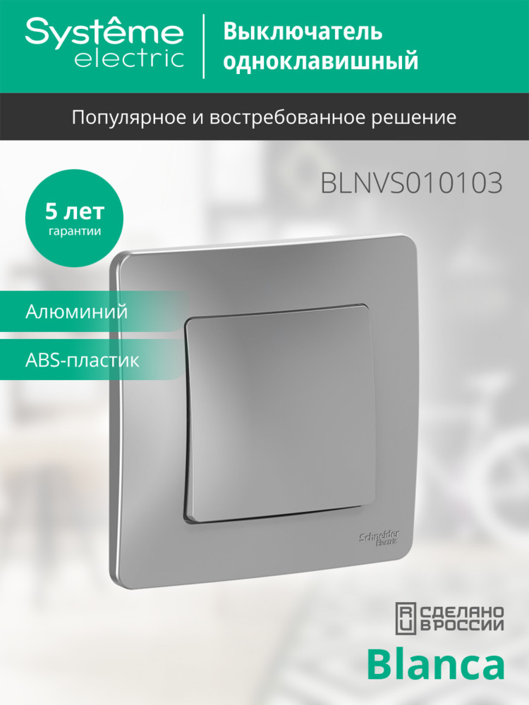 BLANCA скрытой установки одноклавишный выключатель (cх.1), 10A, 250B, алюминий Systeme Electric BLNVS010103