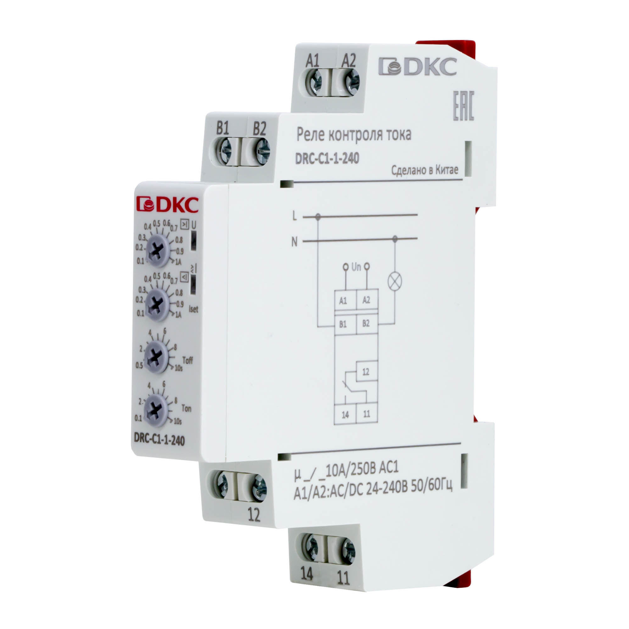 Реле контроля тока, 0.1-1А, конфигурация контакта 1CO, 24-240 AC/DC DKC DRC-C1-1-240