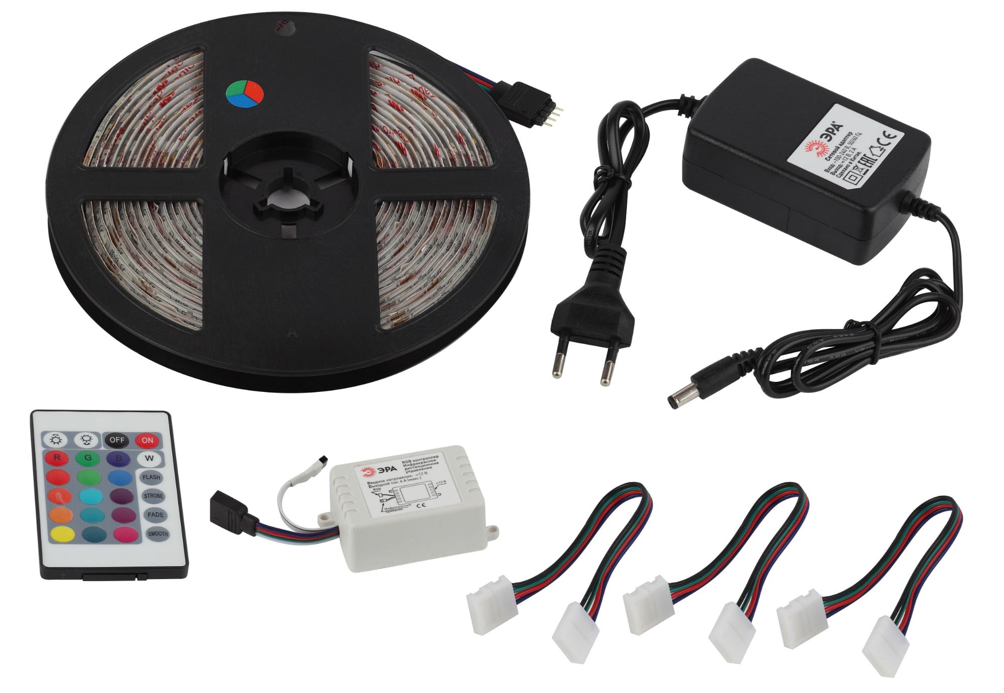 Комплект светодиодной ленты 14,4Вт/м 12В RGBК IP65 60LED/м 5050kit-14,4-60-12-IP65-RGB-5m ЭРА Б0043070