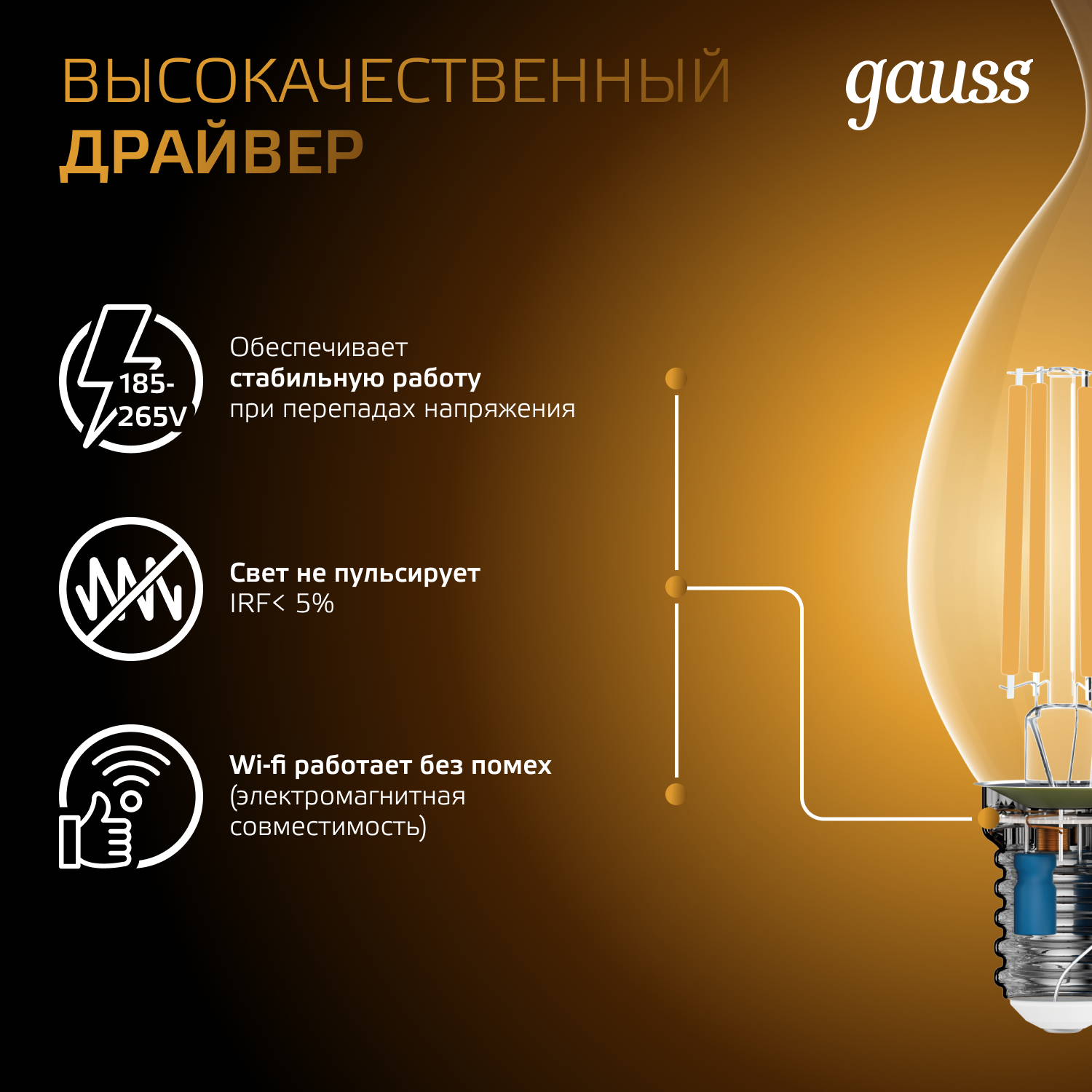 Лампа светодиодная филаментная LED 7 Вт 550 лм 2700К свеча на ветру теплый E14 AC 220В прозрачная колба Black Filament Gauss GAUSS 104801107
