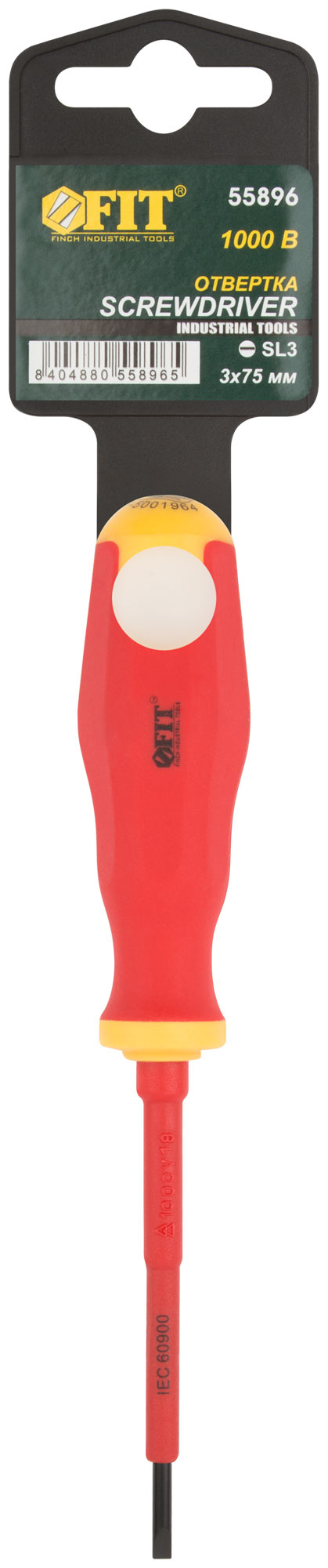 Отвертка изолированная 1000 В, CrV сталь, прорезиненная ручка 3х75 мм SL FIT 55896