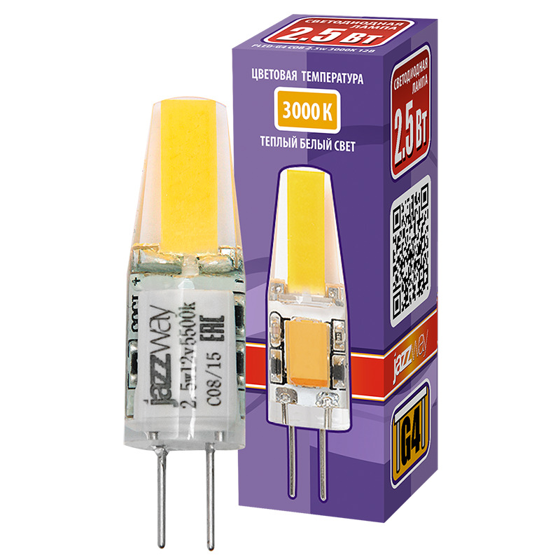 Лампа светодиодная LED 2.5вт G4 12B 200Lm теплый белый COB JazzWay 2855749