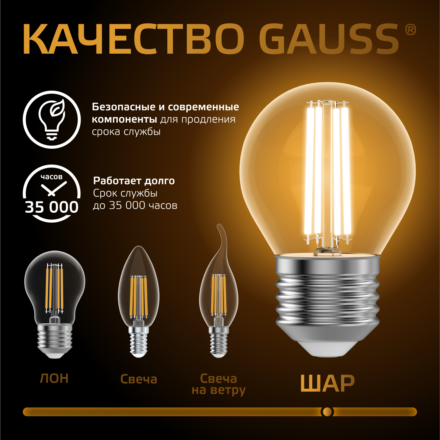 Лампа светодиодная филаментная LED 7 Вт 550 лм 2700К шар P45 теплый E27 AC 220В прозрачная колба Black Filament GAUSS 105802107
