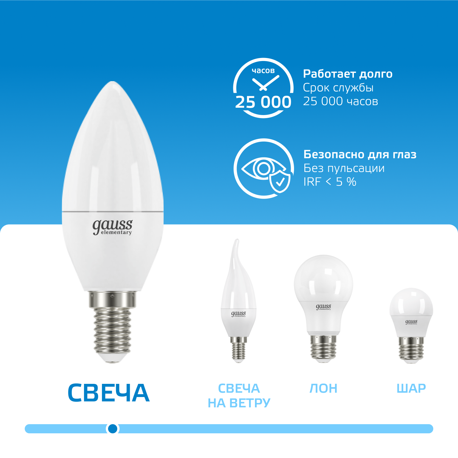 Лампа светодиодная LED 6 Вт 470 лм 6500К свеча холодный E14 AC 220В Elementary GAUSS 33136
