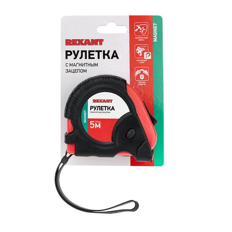 Рулетка измерительная прорезиненный корпус, магнитная , 5 м х 19 мм REXANT 12-9014