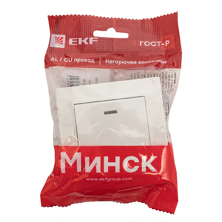 Выключатель Минск 1-клавишный СП с индикатором 10А белый EKF ERV10-121-10