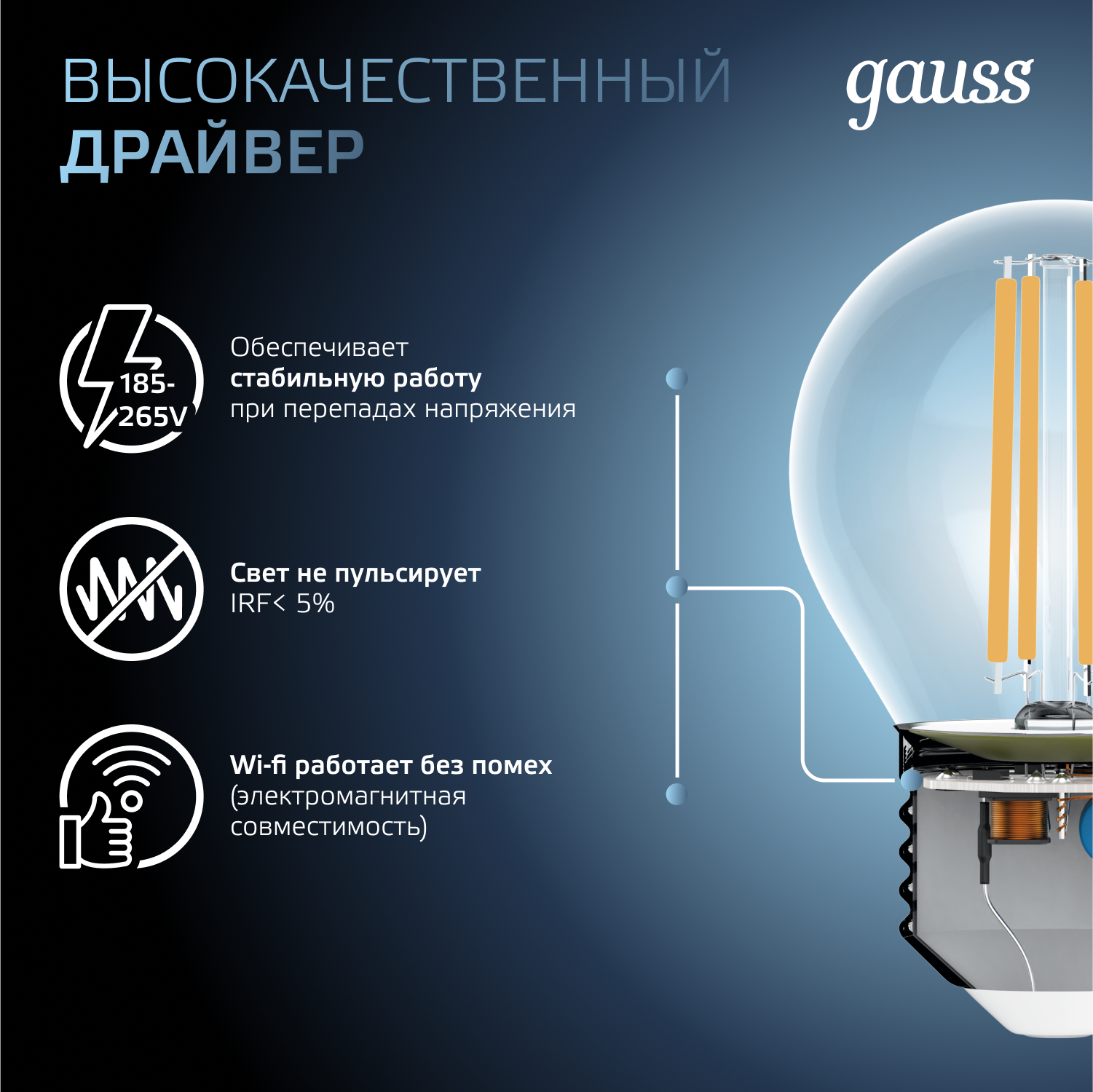 Лампа светодиодная филаментная LED 7 Вт 580 лм 4100К шар P45 нейтральный E27 AC 220В прозрачная колба Black Filament GAUSS 105802207