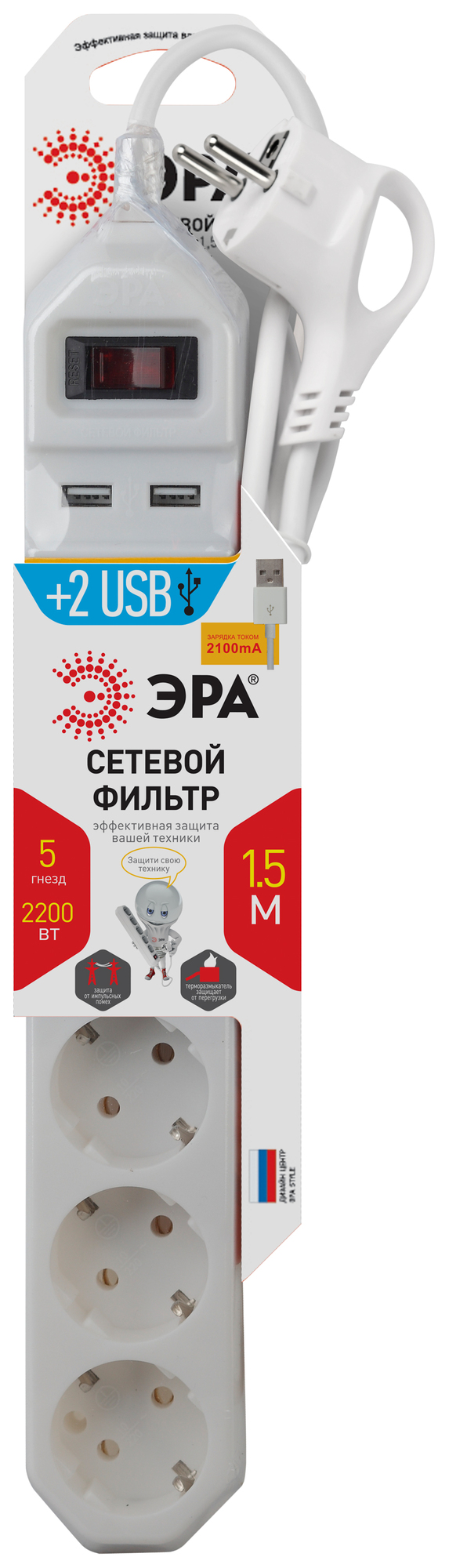 Фильтр сетевой 5х1,5м 2хUSB 10А с/з с выключателем белый ЭРА Б0019037