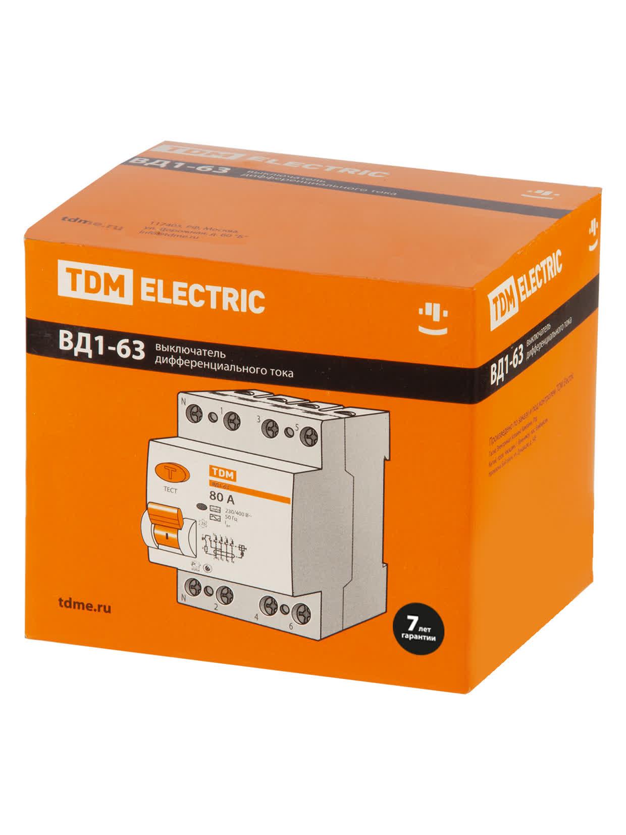 Устройство защитного отключения ВД1-63 четырехполюсное 63А 300мА TDM ELECTRIC SQ0203-0043